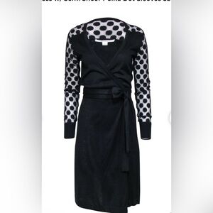 Diane Von Furstenberg Black knit wrap dress with semi sheer polkadot sleeves.